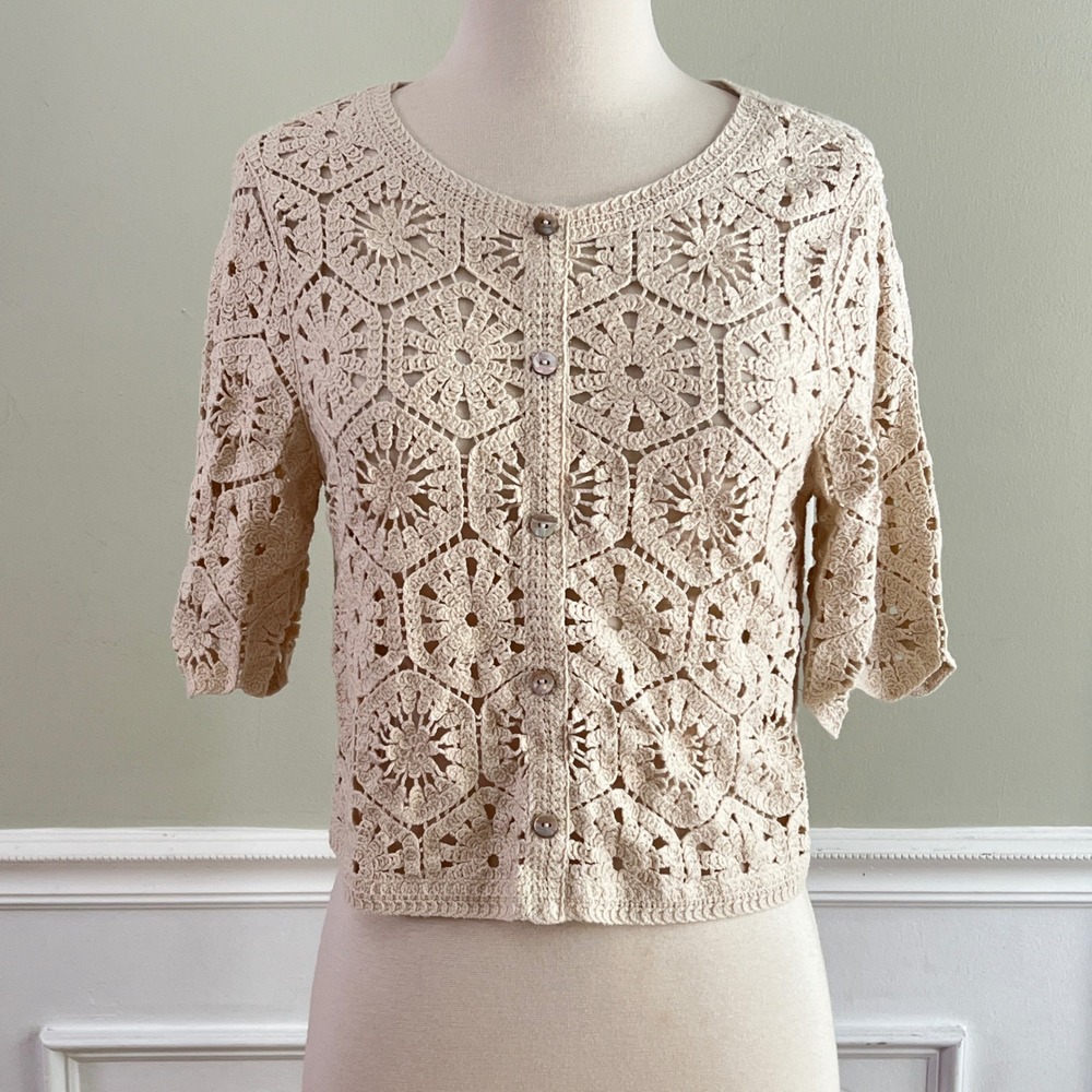 Max Crochet Cardigan S/M Womens Boho Floral Open Knit Ivory Summer Cottagecore